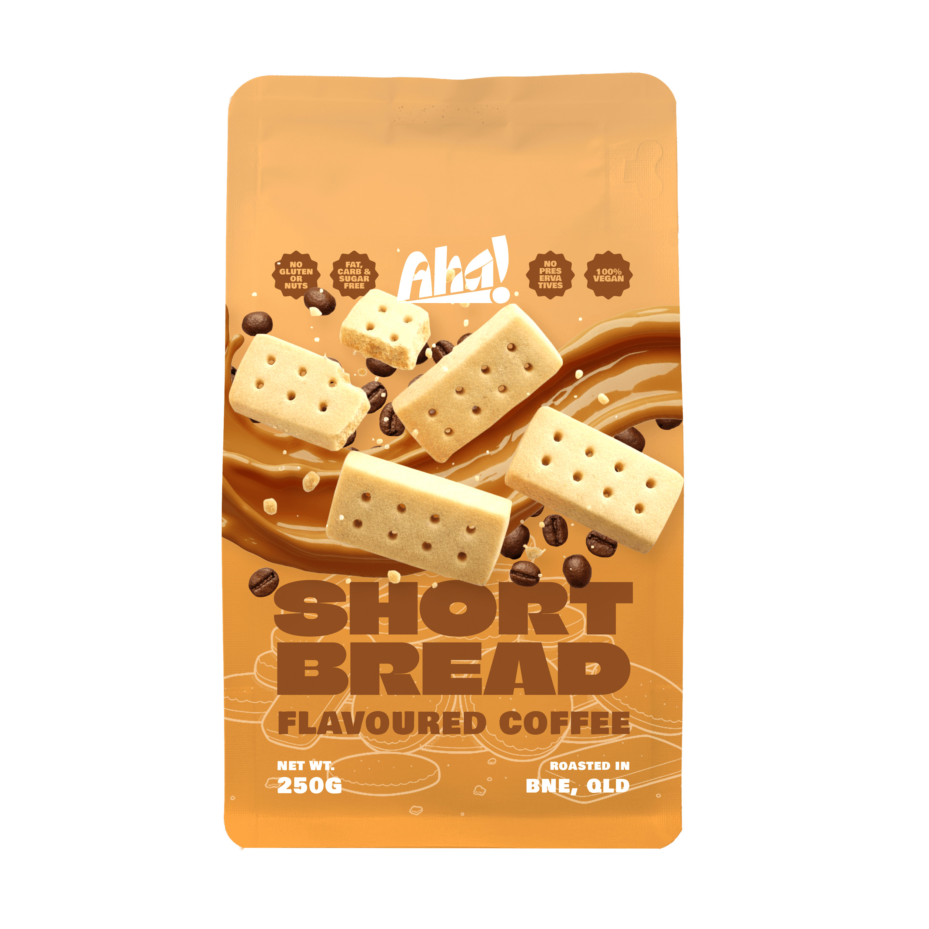 Packaging of shortbread flavoUred coffee with shortbread biscuits and coffee beans on a caramel background